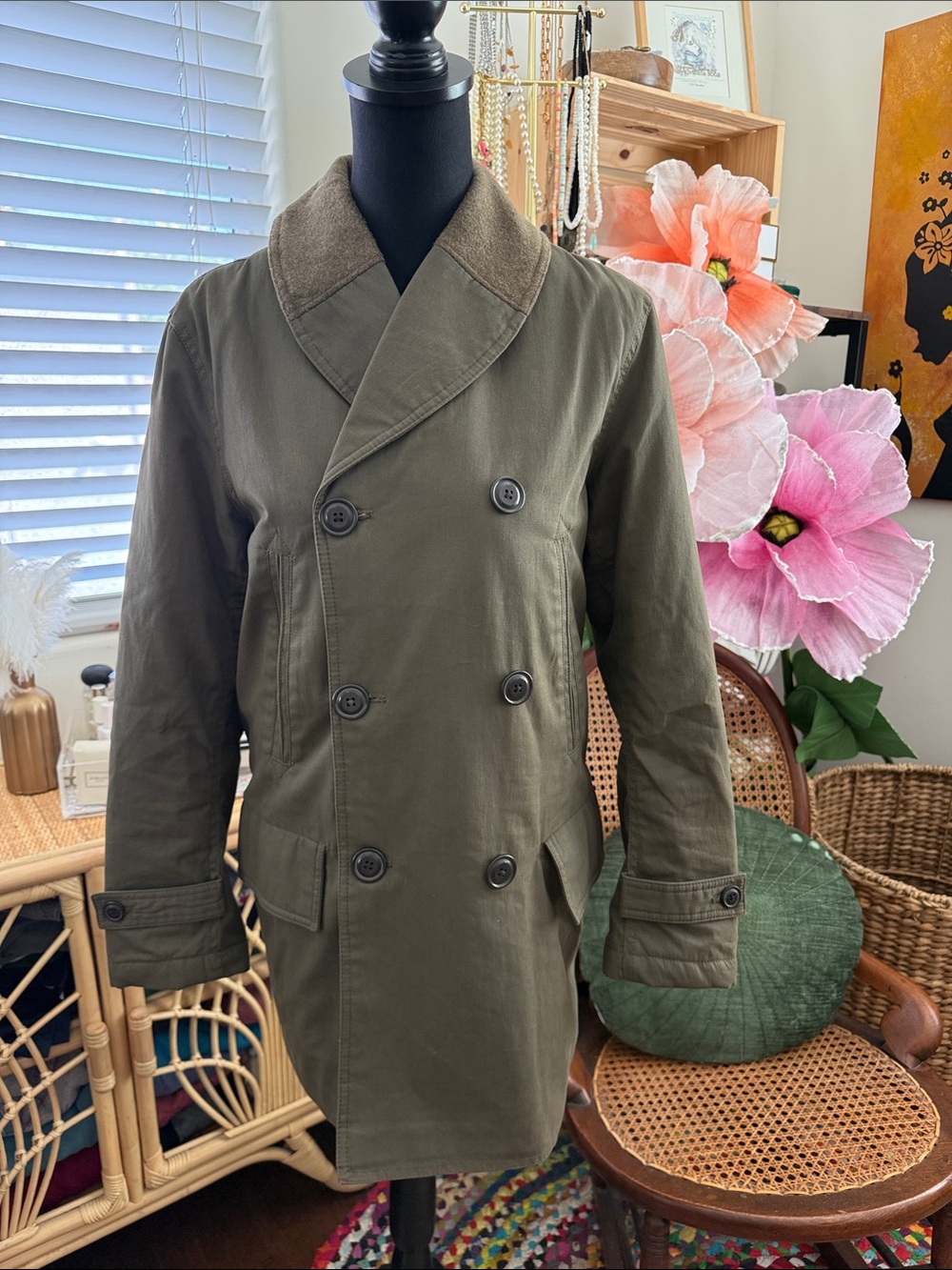 Gap 2010 Olive Green Military Peacoat Wool Collar Quilted Lining Jacket